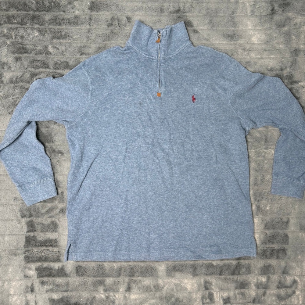 Polo Ralph Lauren Quarter-Zip Pullover Mens Large Blue Cotton Heathered Pony